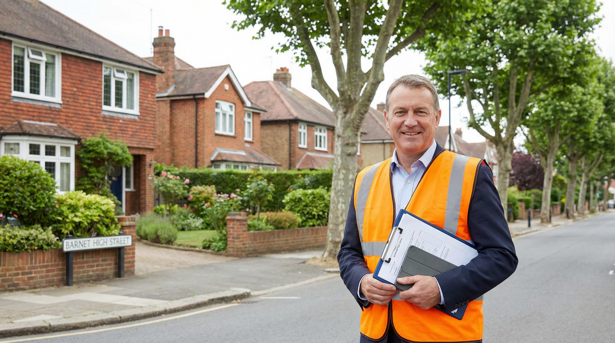 Professional fire risk assessor inspecting suburban property in Barnet