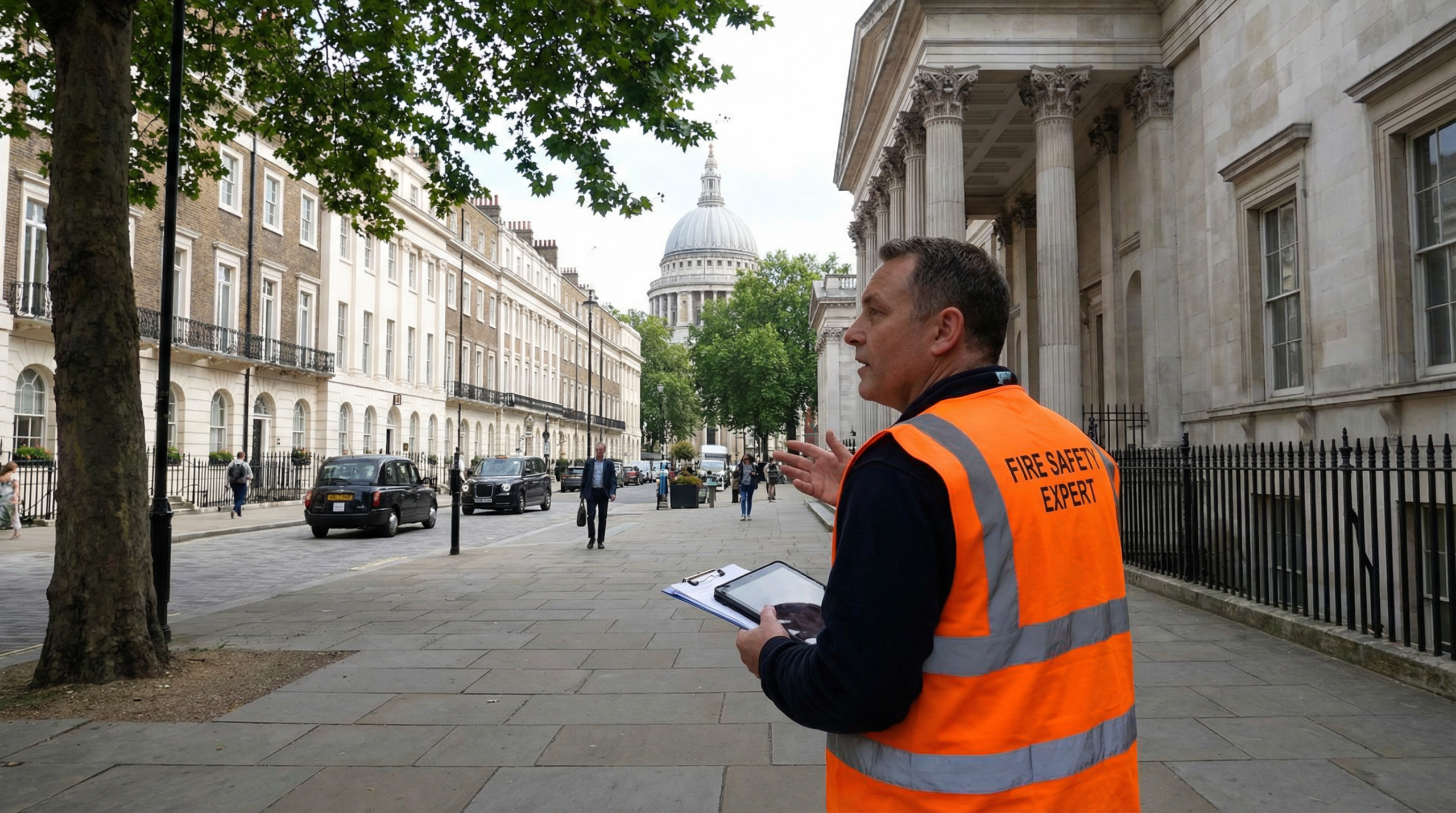 Fire risk assessor conducting inspection at a Kings Cross tech office in Camden