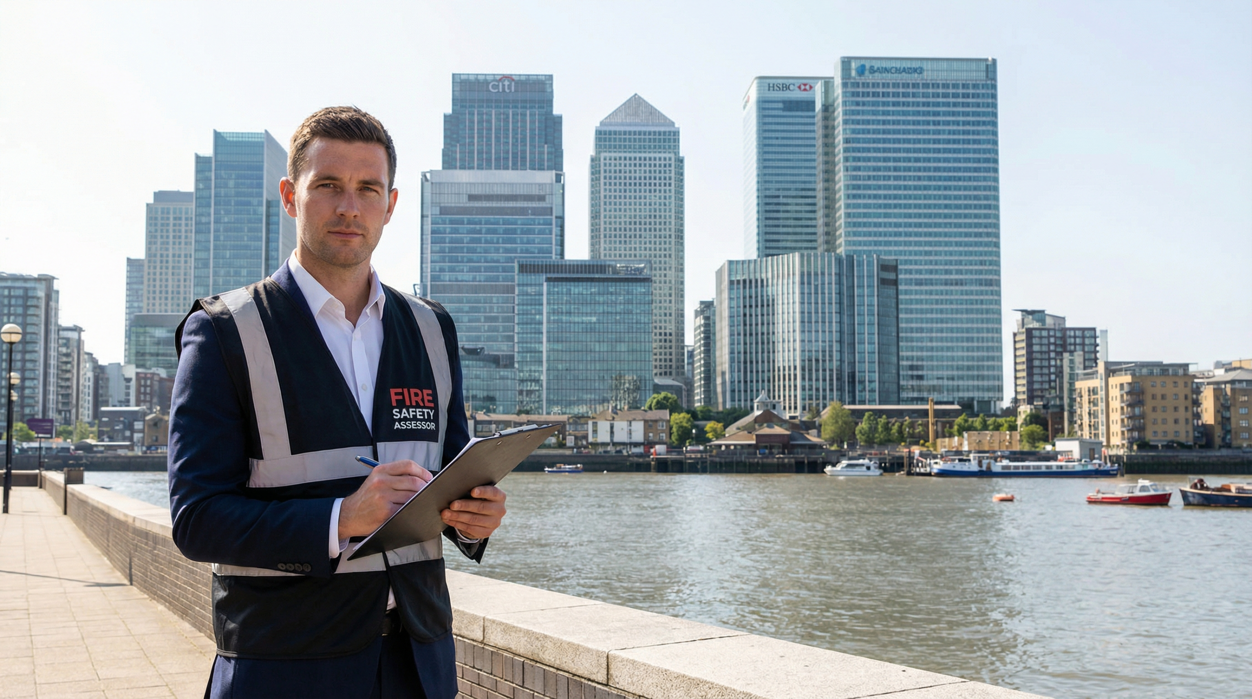 Professional fire risk assessor inspecting a high-rise building in Canary Wharf, East London