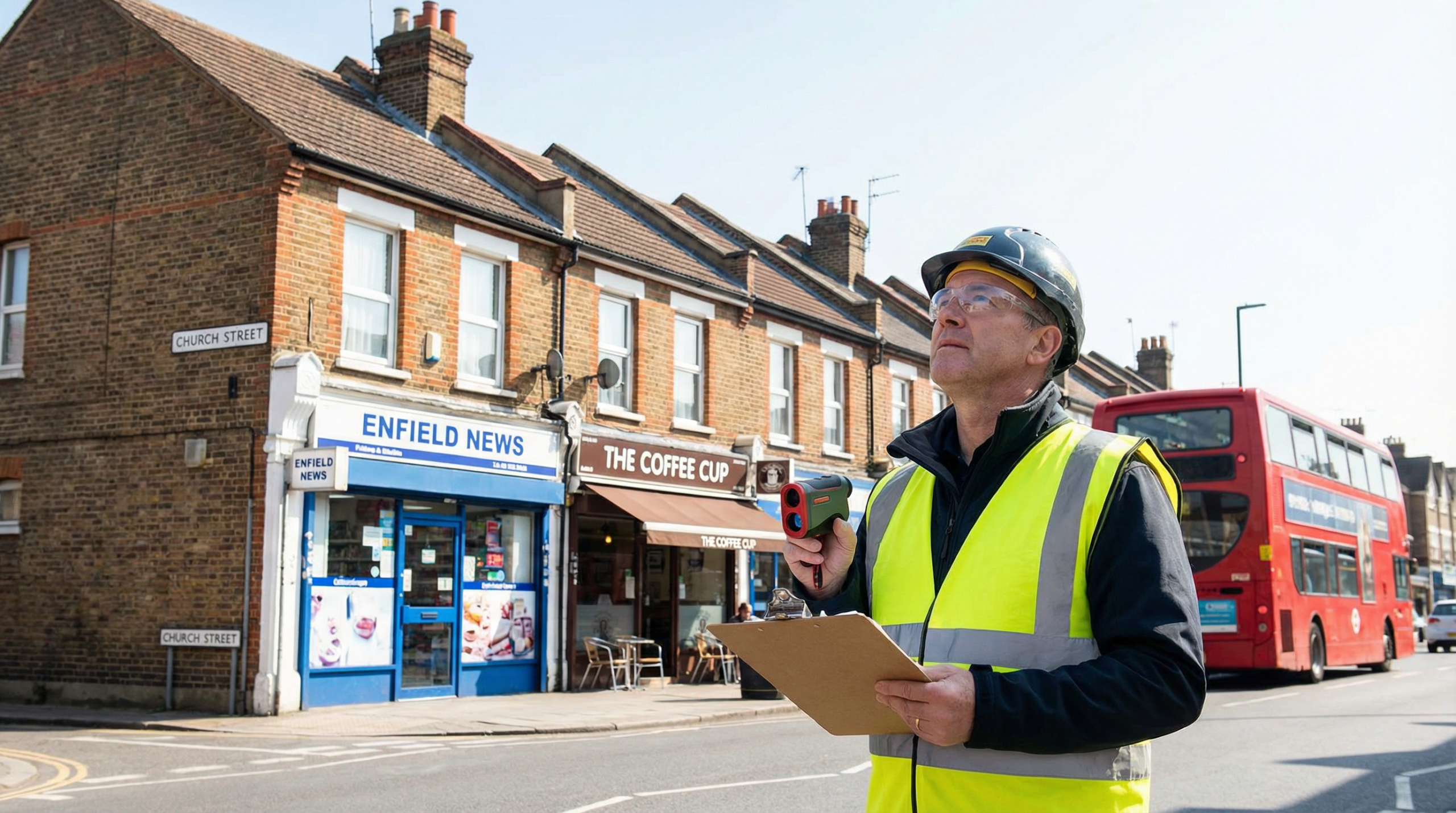 Professional fire risk assessor inspecting industrial unit in Enfield