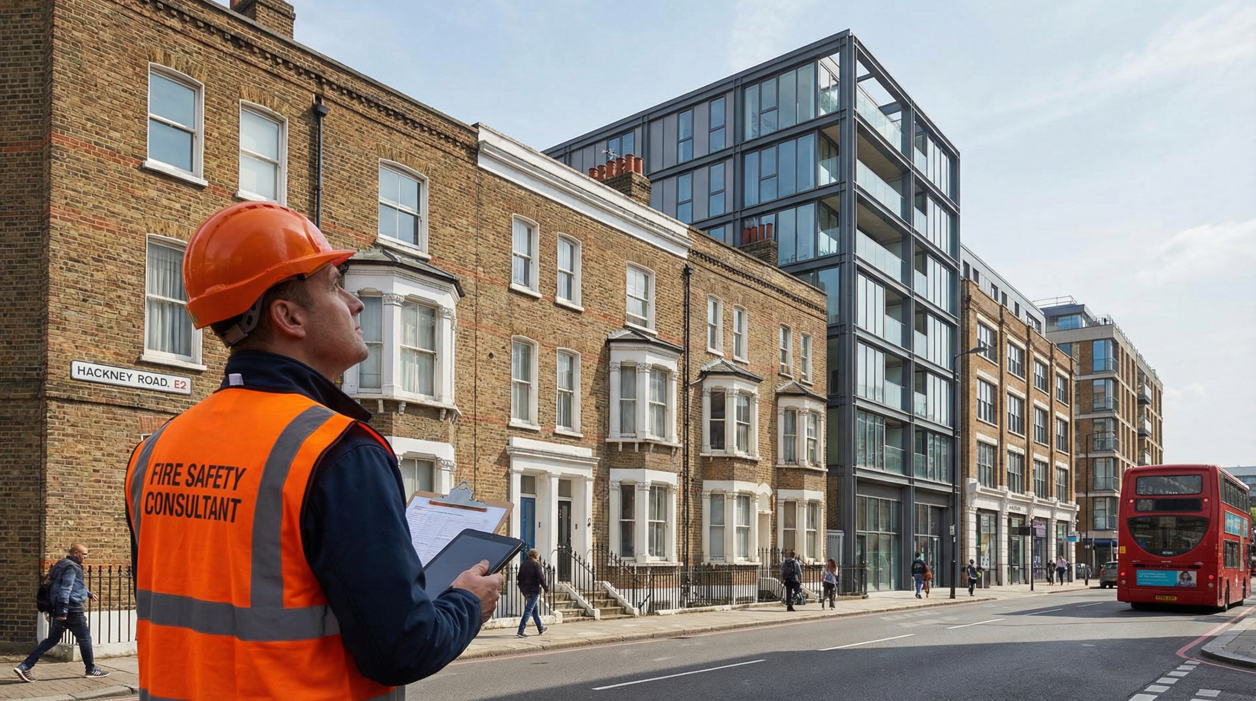 Professional fire risk assessor in converted warehouse office in Shoreditch, Hackney