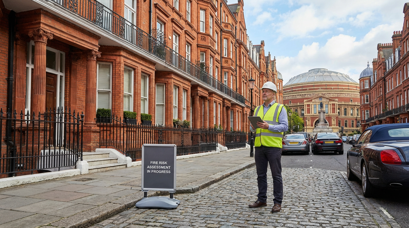 Professional fire risk assessor inspecting a Grade II listed building in Kensington