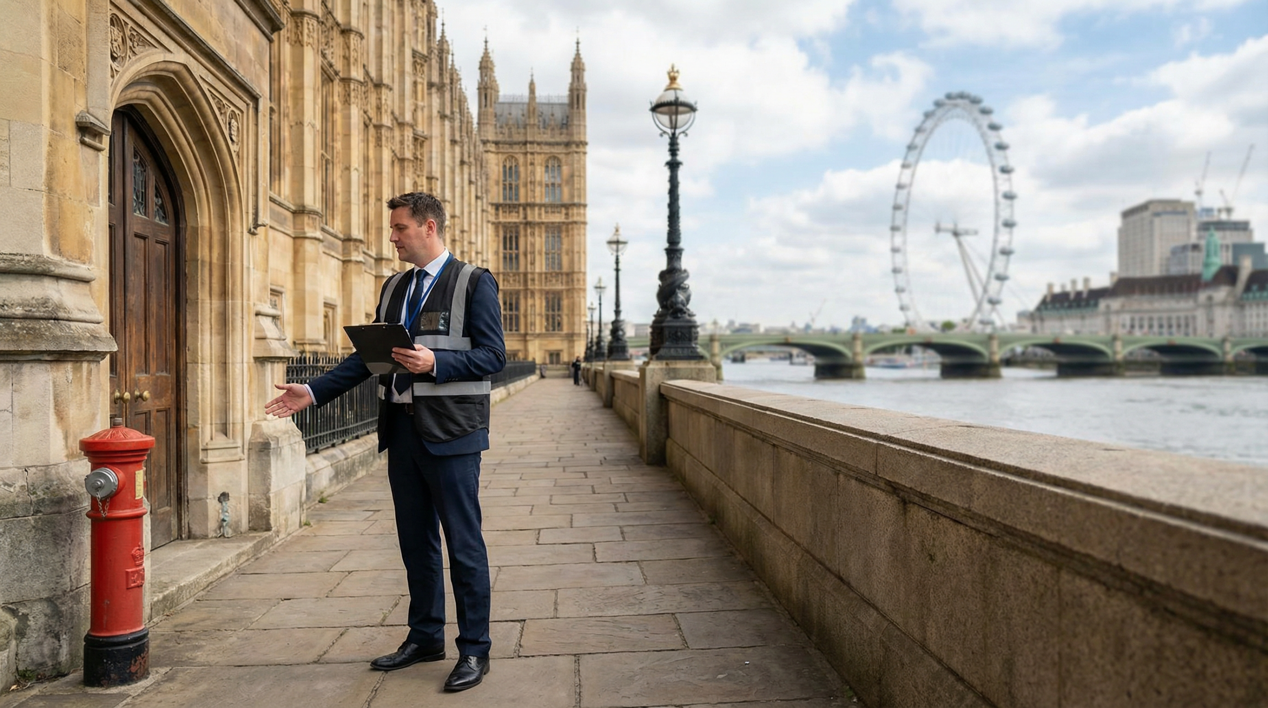 Professional fire risk assessor conducting inspection in a Lambeth property