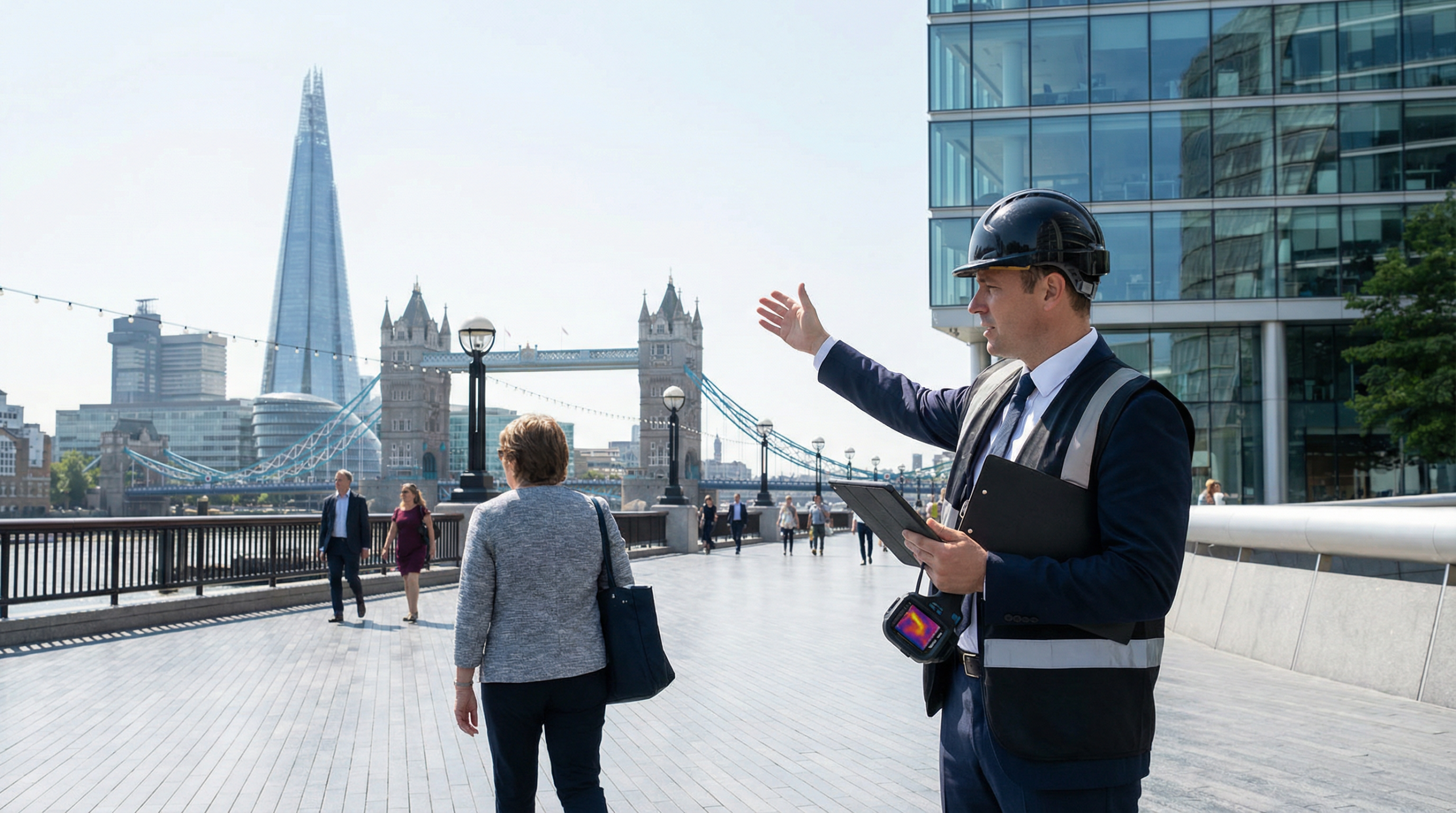 Professional fire risk assessor conducting inspection in a South London commercial building