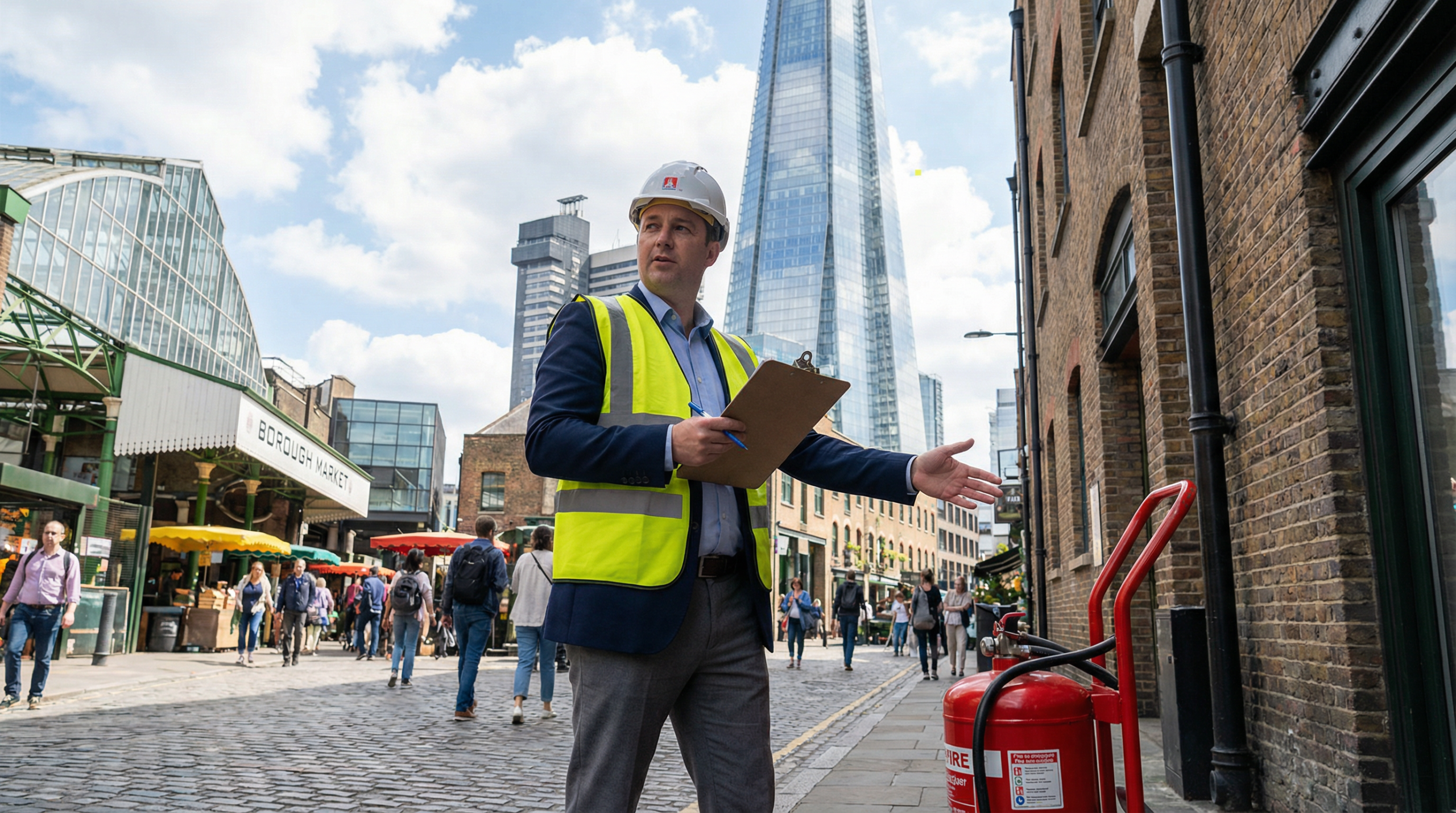 Professional fire risk assessor conducting inspection in a Southwark commercial building