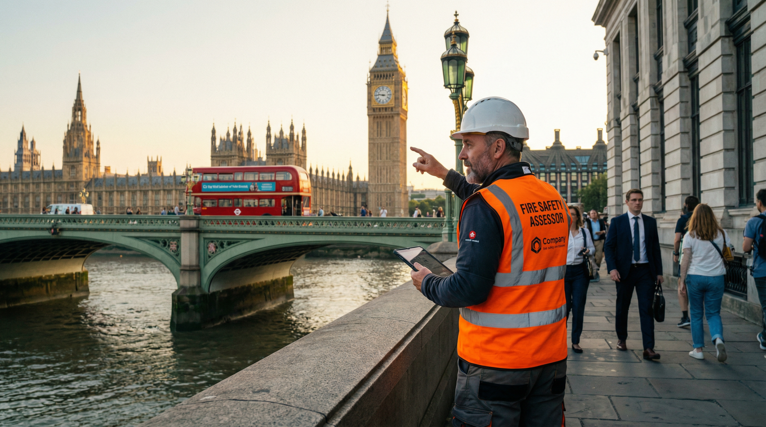 Professional fire risk assessor inspecting a Grade II listed building in Westminster