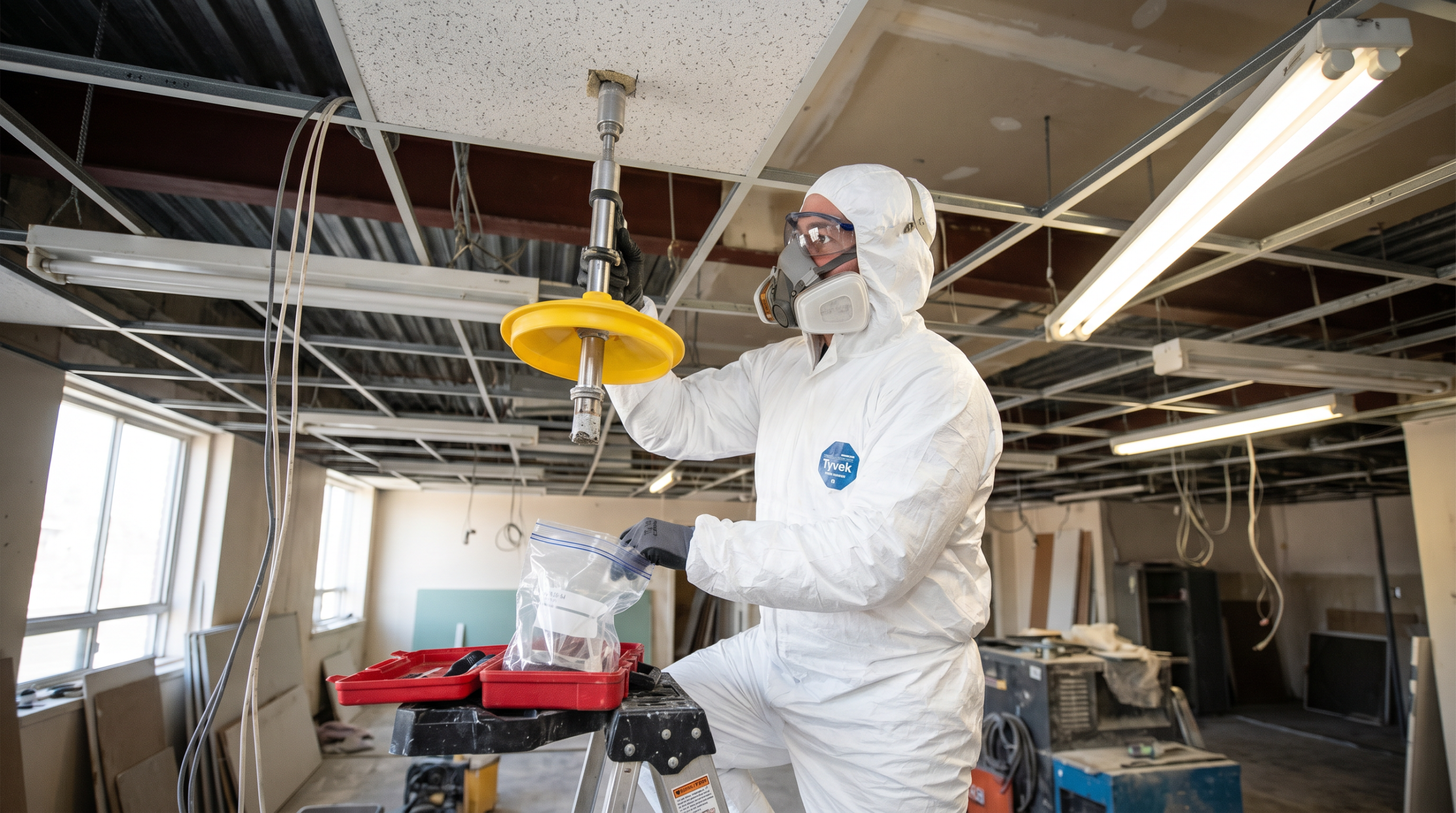 UKAS accredited asbestos surveyor in protective Tyvek suit and respirator taking ceiling sample during refurbishment survey