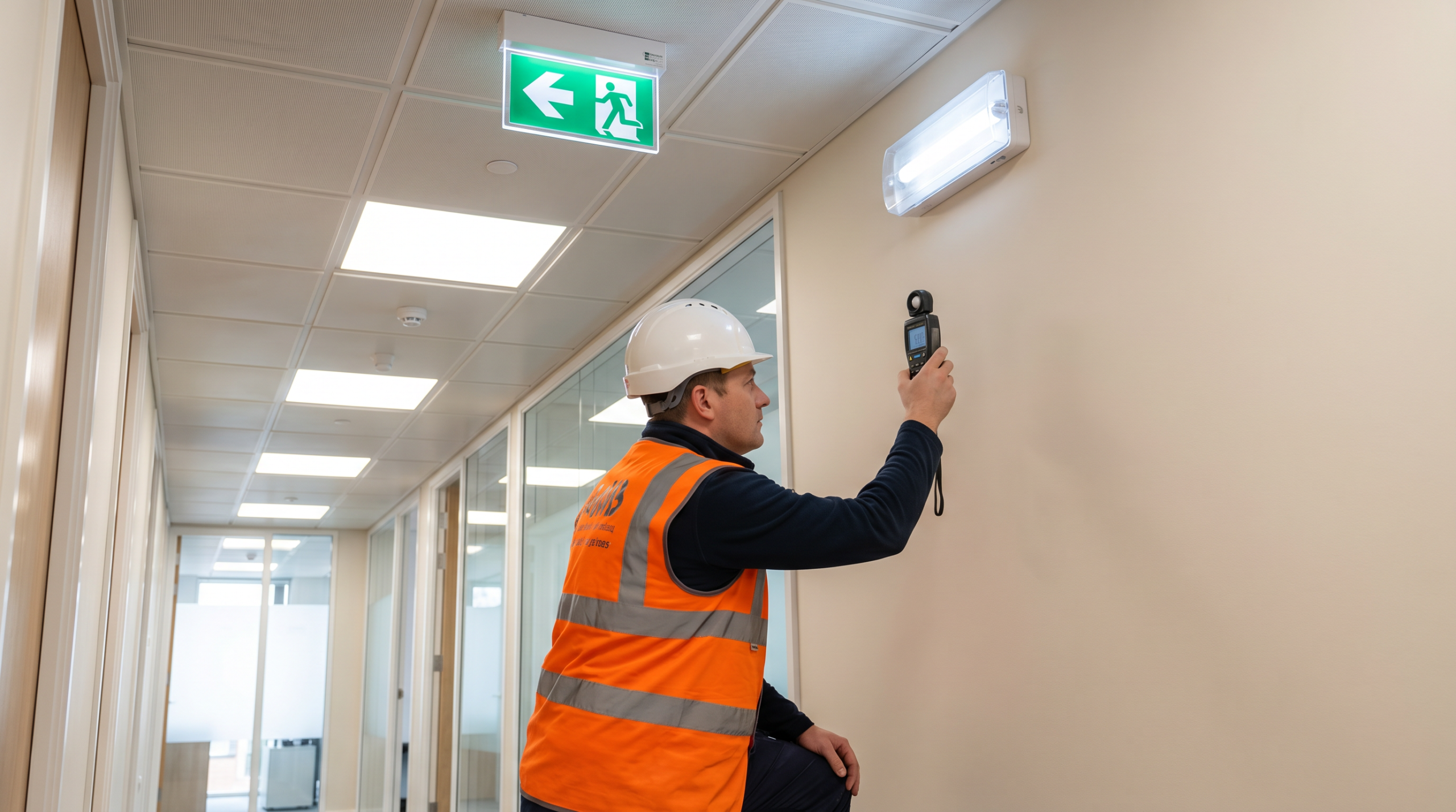 Emergency light testing engineer inspecting an illuminated fire exit sign in a UK commercial building corridor