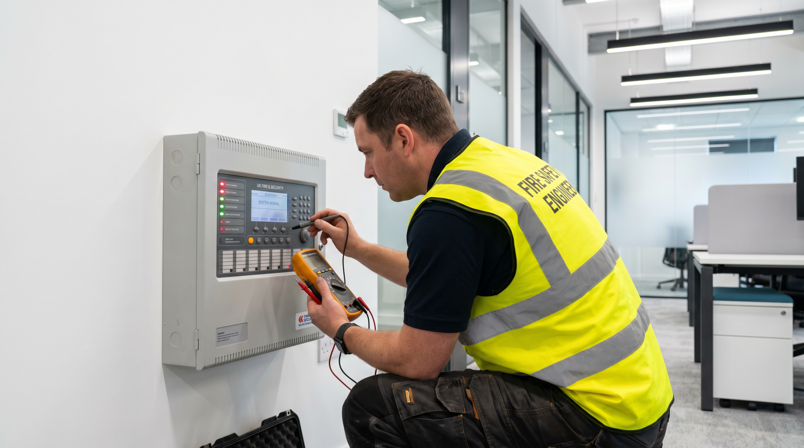 Fire alarm testing engineer using multimeter to inspect a commercial fire alarm control panel in a modern UK office building
