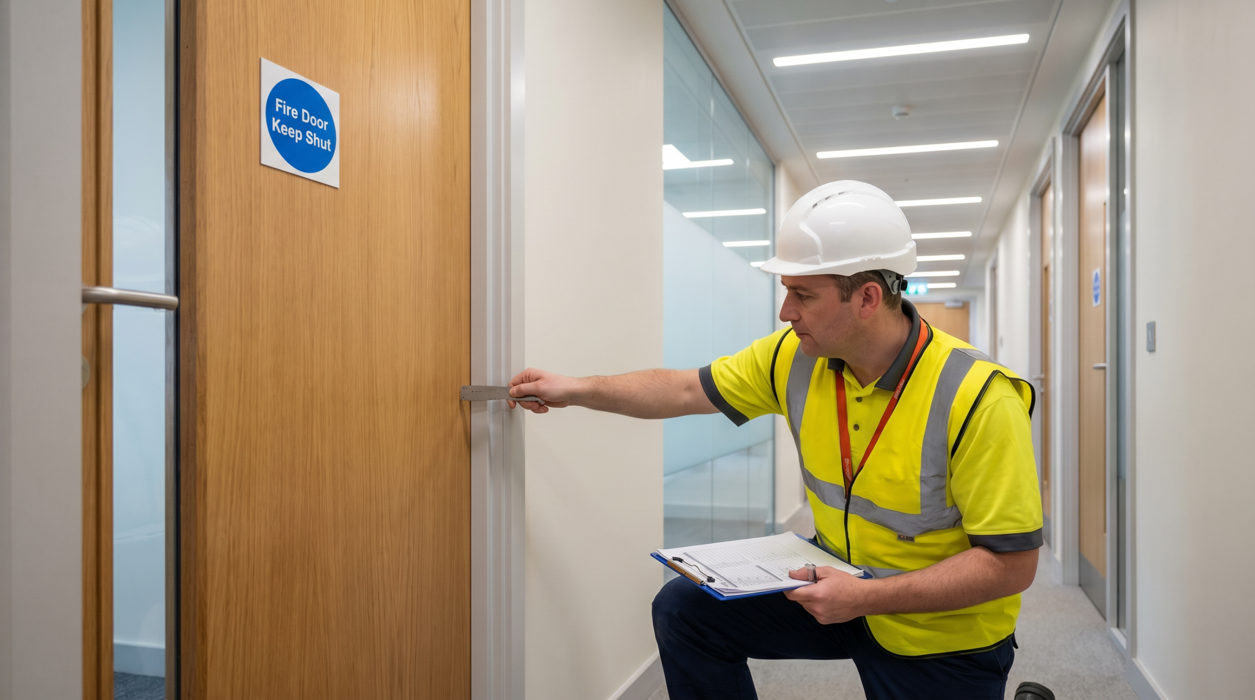 BM Trada Q-Mark certified surveyor inspecting a fire door with intumescent strips and self-closing device in a UK residential building